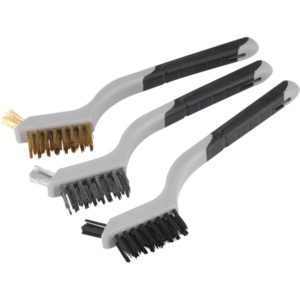 EXTOL PREMIUM drótkefe klt., 3 db: nylon-, réz- és rozsdamentes acél szál, 3×8 sor, 180mm, kétkomponensű TPR+PP puha műanyag nyél [ 8803901 ]