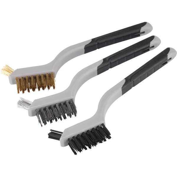 EXTOL PREMIUM drótkefe klt., 3 db: nylon-, réz- és rozsdamentes acél szál, 3×8 sor, 180mm, kétkomponensű TPR+PP puha műanyag nyél [ 8803901 ]