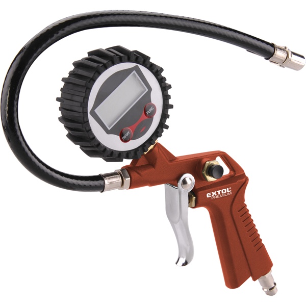 EXTOL PREMIUM gumiabroncs fuvató pisztoly, digitális manométerrel, max. 8 Bar, 1/4" tömlőcsatlakozó, 100-185 l/perc, 2×1,5V elemmel [ 8865065 ]