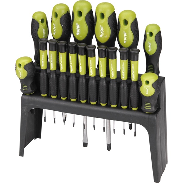 EXTOL CRAFT csavarhúzó klt. 18 db, CrV, mágneses, 4db lapos + 4 db PH + 10 db órás csavarhúzó, műanyag tartóval, bliszteren [ 53145 ]