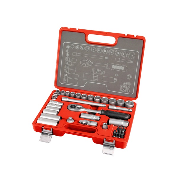 EXTOL PREMIUM dugókulcs klt., CV., racsnis 45fog ; 3/8", 39db, normál(8-22mm) és hosszú(8-19mm) dugófejek, gyertyakulcs 16&21mm, 11 bi [ 6522 ]