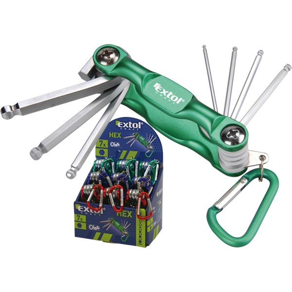 EXTOL CRAFT imbuszkulcs klt., Cr40 gömbfej, színes, TÜV/GS; 7db, 1,5-6mm, karabínerrel, 9 darabonként kínálódobozban [ 66006 ]