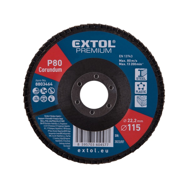EXTOL PREMIUM lamellás csiszoló acél, Alu, műa. és fa munkadarabok csiszolására, 115×22mm; P40, kúpos, max.:13.200 ford./perc, EN13743 [ 8803462 ]