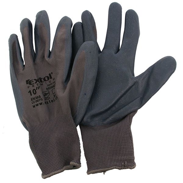 EXTOL PREMIUM Kötött kesztyű szürke nylon, méret: 10` nitrilbe mártott teny. és ujjhegy., gumírozott mandzsetta [ 8856622 ]