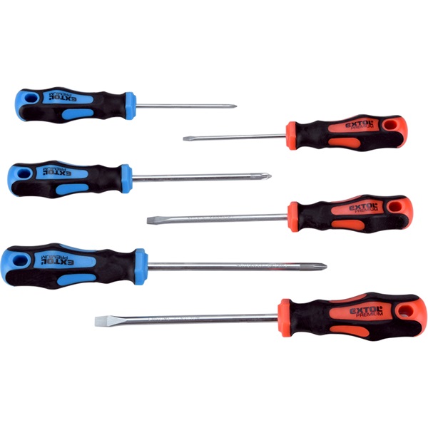 EXTOL PREMIUM csavarhúzó klt., 6db; lapos:3×75, 5,5×100 és 6,5×125mm, PH0×60, PH1×100 és PH2×125, CV., mágneses, papír tartóban [ 8819256 ]