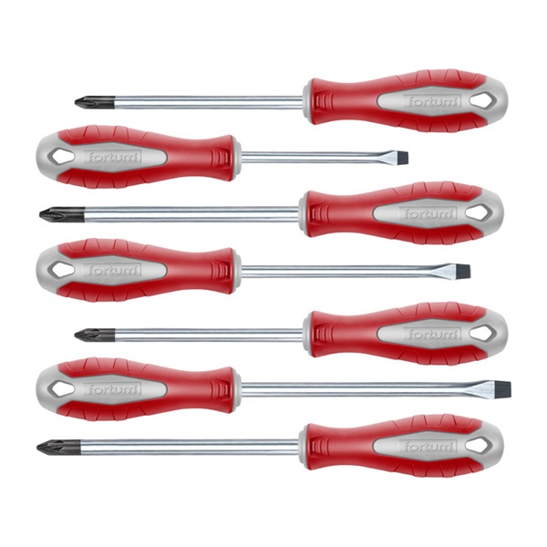 FORTUM csavarhúzó klt., 7db; lapos: 3×75, 5×100, 6×125mm, PH1×100, PH2×125, PZ1×100, PZ2×125, CV. mágneses, papír doboz [ 4740930 ]