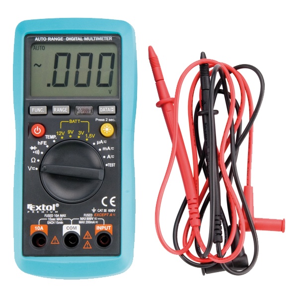 EXTOL PREMIUM digitális multiméter; Amper/Volt/Ohm mérő, hangjelző funkcióval, CE, 3 db 1,5V AAA elem [ 8831250 ]