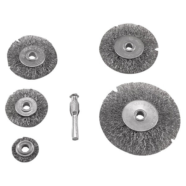 EXTOL drótcsiszoló körkefe készlet; 25-38-50-63-75mm, O6mm-es csap, hullámos acél szálak: O0,3mm, fúróba fogható, max. 4500rpm [ 1830 ]