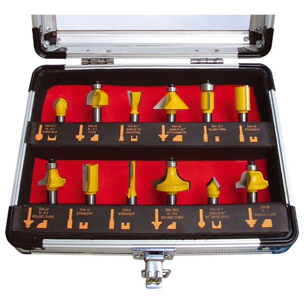 EXTOL felsőmaró klt. 12db, kissebb szett (alu kofferben) ; 8mm-es befogással, keményfém lapkás [ 44037 ]