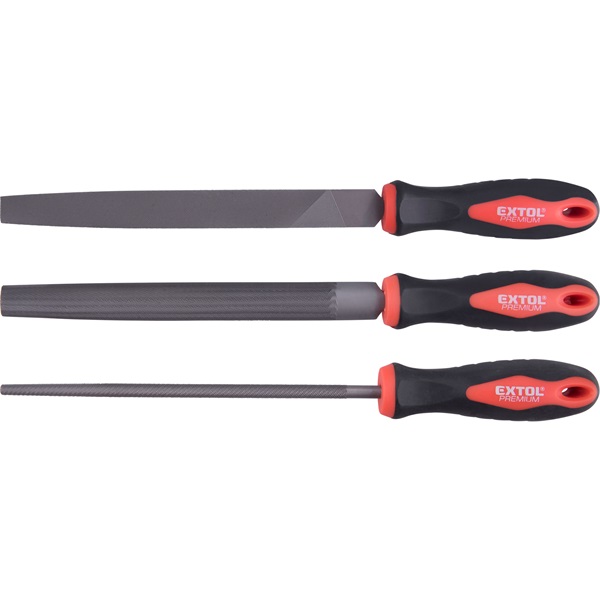 EXTOL PREMIUM fémreszelő klt.,  3 db (lapos, félkerek, kerek), 200mm, T12 acél,  vágat 2, finom,  TPR gumis műanyag nyél [ 8803610 ]