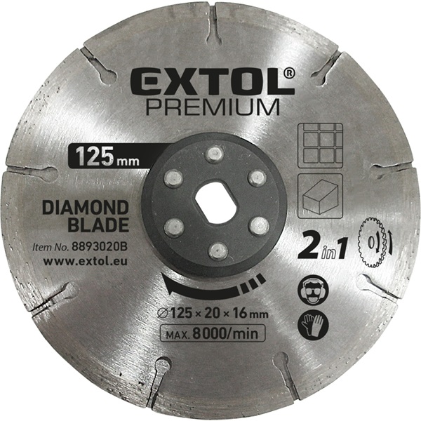 EXTOL PREMIUM gyémántvágó korong 125×20mm, 2az1ben Twin Blade rendszer, kőhöz és csempéhez, 8893020 vágógéphez [ 8893020B ]