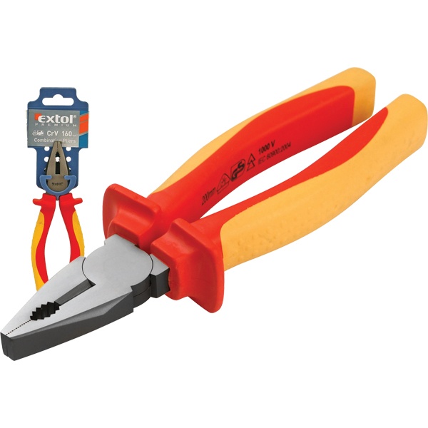 EXTOL PREMIUM kombinált fogó, 160mm, szigetelt,1000V VDE, DIN ISO 5746, CV, duál piros/sárga nyél, akasztós szerszámtartó [ 8813170 ]
