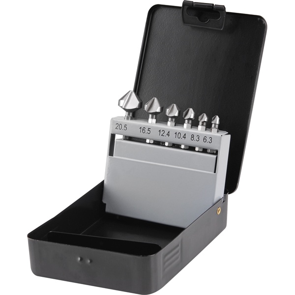 EXTOL CRAFT kúpos süllyesztő klt, 6db, 90 fokos, 3 élű, 6,3-8,3-10,4-12,4-16,5-20,5mm, 1/4" hatszög befogás, szerszámacél, fém doboz [ 20094 ]