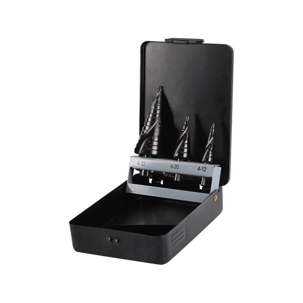 EXTOL lépcsős fémfúró klt, 3db; (4-12mm/1mm lépcsők,4-20mm/2mm,4-32mm/2mm) befogás:10mm, max.4mm vastag anyagokhoz, spirállal [ 20092 ]