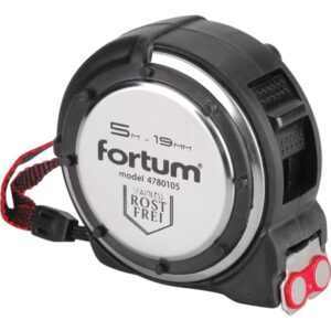 FORTUM mérőszalag, 1 stoppos, ütésálló, rozsdamentes acél ház, gumírozott; 5m×19mm nylon bevonatú szalag, mágneses vég [ 4780105 ]