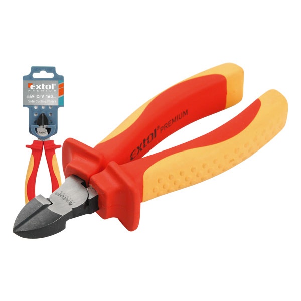 EXTOL PREMIUM oldalcsípő fogó, 160mm, szigetelt, 1000V, VDE, DIN ISO 5749, CV, duál piros/sárga nyél, akasztós szerszámtartó [ 8813173 ]