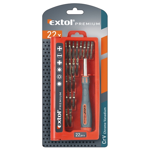 EXTOL PREMIUM órás csavarhúzó klt. 22 db C.V. bitekkel; lapos 1,5-3mm, PH000-PH1, PZ0-PZ1, imbusz: 1,5-3mm, torx: T6-20 [ 8819104 ]
