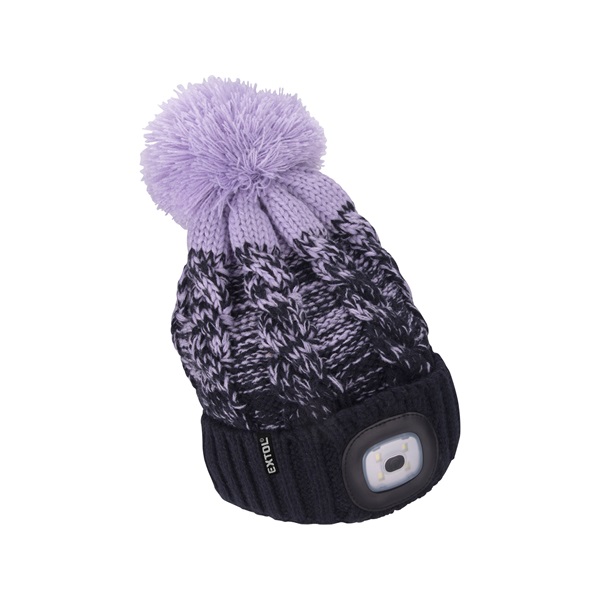 EXTOL LIGHT sapka, kék/lila pomponnal, kötött, kivehető LED homloklámpával, 4×45 Lumen; USB tölthető Li-ion, 3funkció (100%-75%-50%) [ 43466 ]