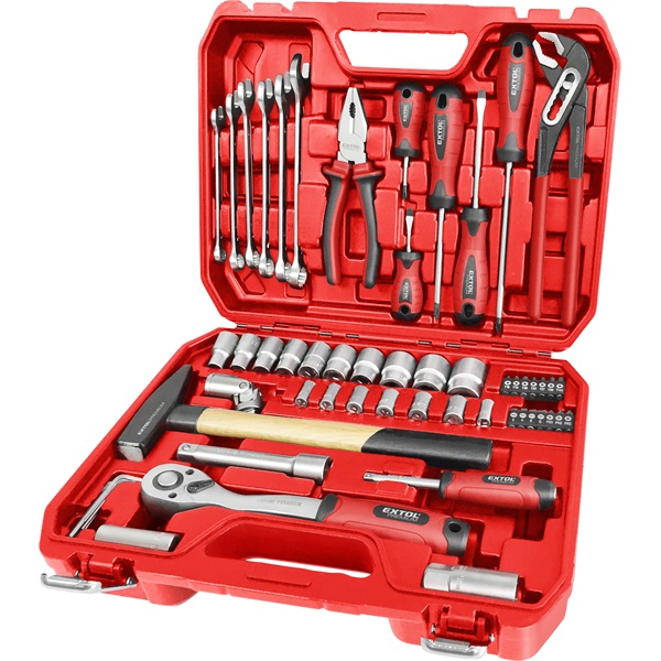 EXTOL PREMIUM szerszám és dugókulcs klt., 55 db; 1/2" racsnis hajtókar (45 fog), dugófejek, BIT-ek, csavarhúzók, csillag-villás kulcs. [ 8818420 ]